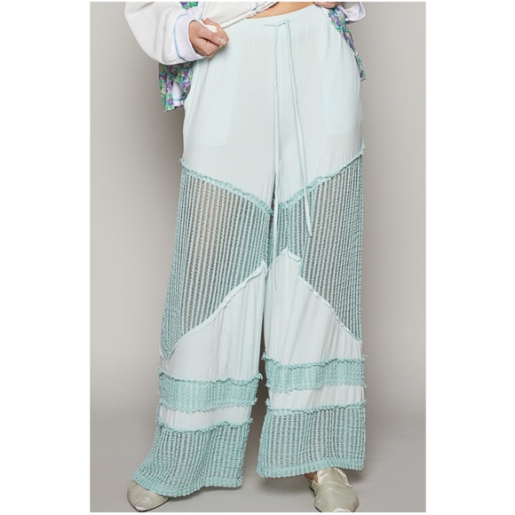 POL Mint Semi Sheer Stretchy Drawstring Waist Wide Leg Pants - Picture 1 of 5